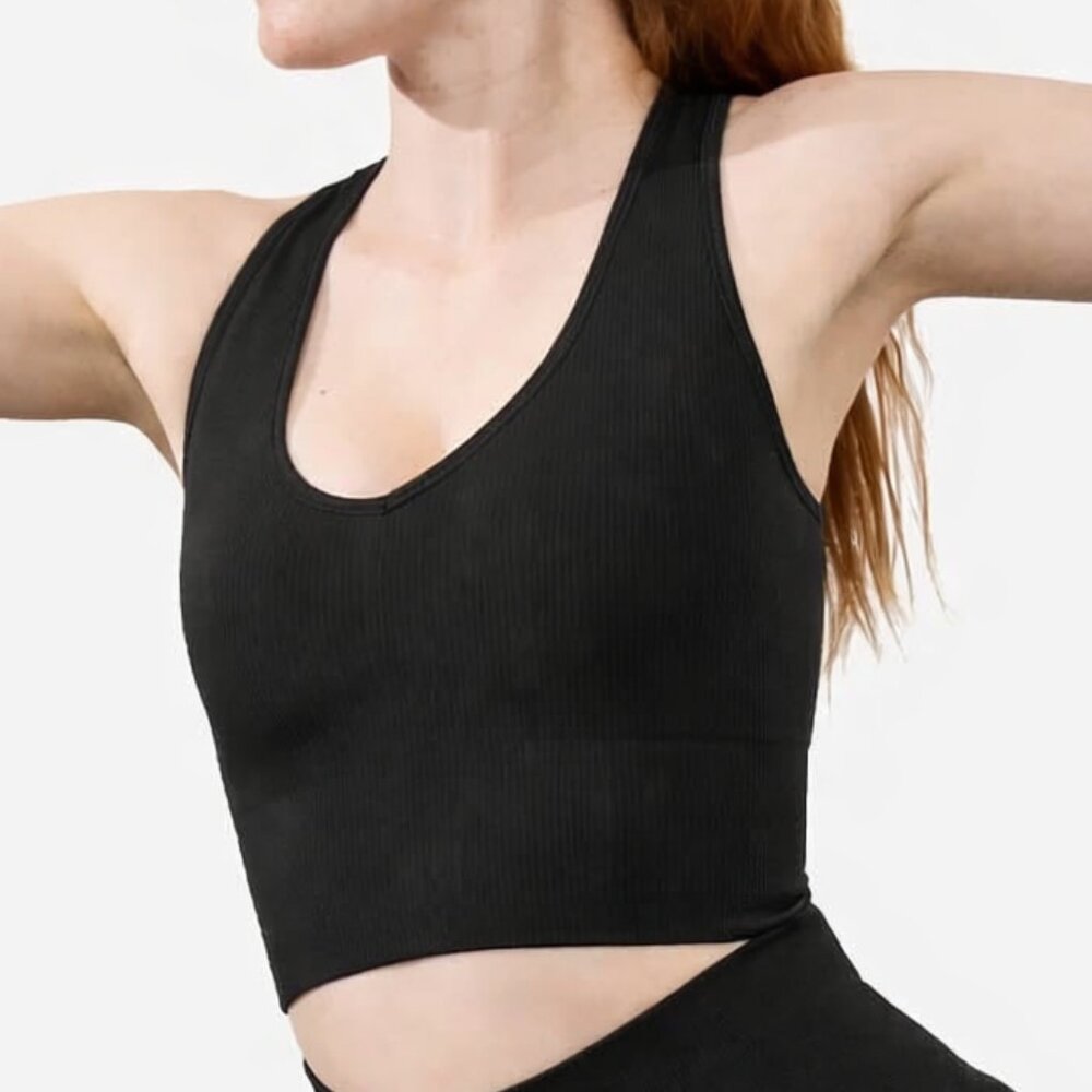 ATHLETA NEW Aurora Seamless Crop Rib Tank Top Cropped Stretch Black Women's XS